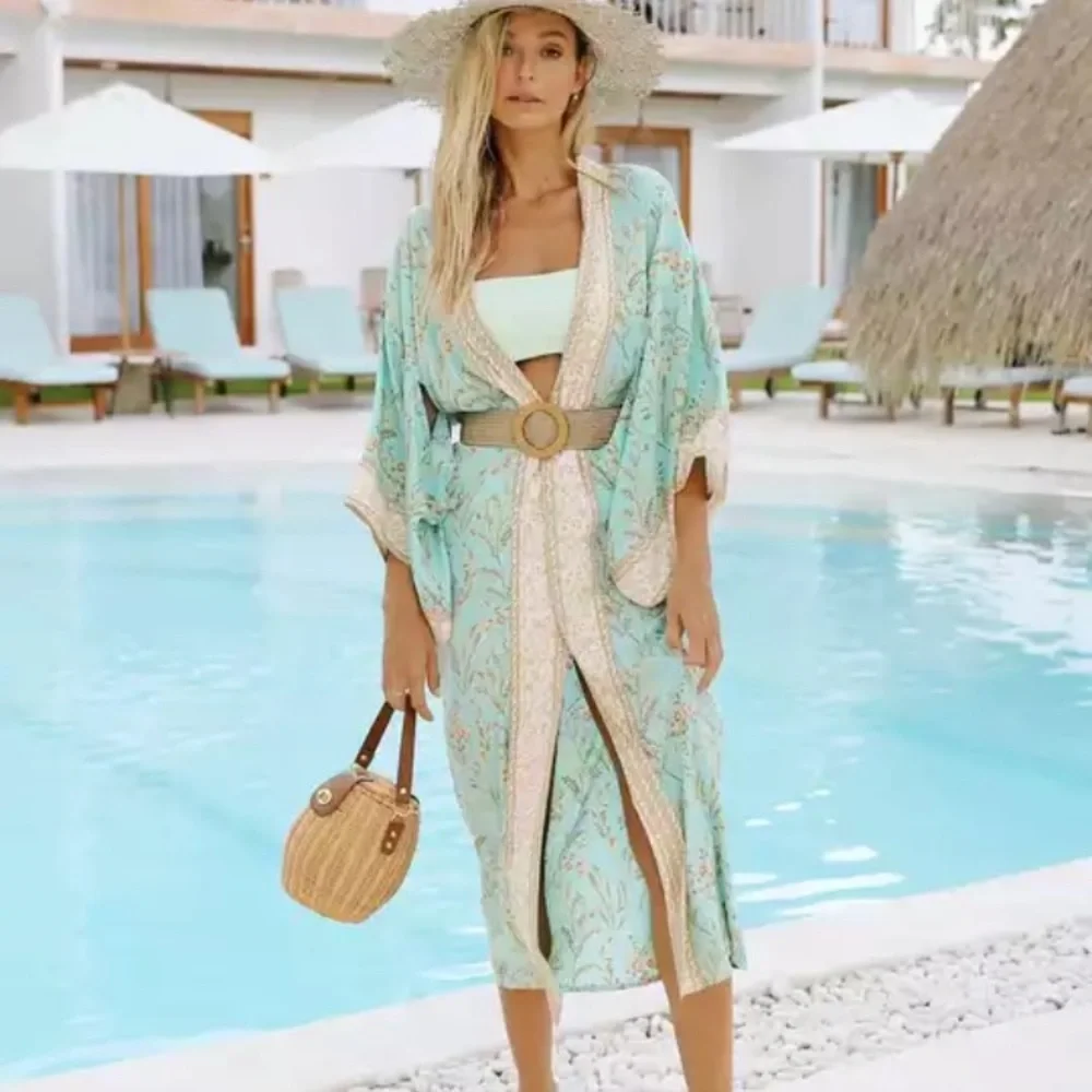 SOLD OUT Turquoise Fields Floral Kimono Robe Coverup - Picture 4 of 8
